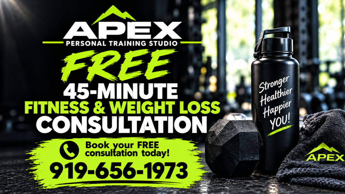Apex Personal Training Studio promotional banner offering a free 45-minute fitness and weight loss consultation, with a gym background, dumbbell, water bottle, and phone number 919-656-1973.
